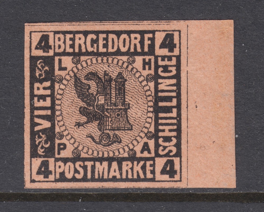 Bergedorf Sc 5 MNH. 1861 4s Coat of Arms, choice sheet margin example, XF