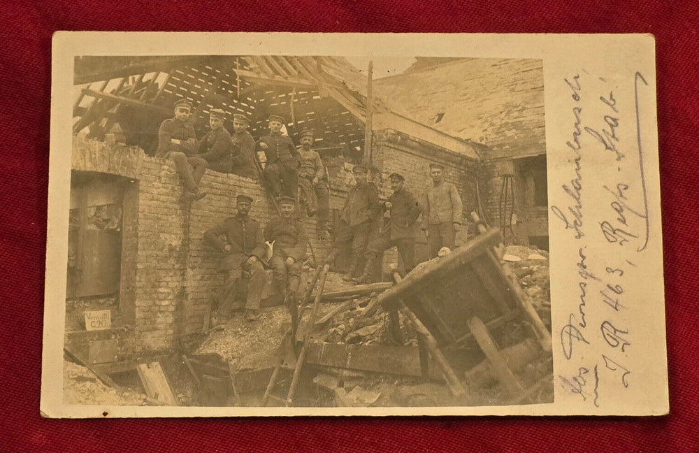 Imperial German soldiers pose w Bomb Damage Feldpost 1917 Photo Postcard WW1 WWI