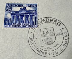 1941 Bromberg Stamp Exhibition WHW Souvenir Card Berlin Brandenburger Tor Cancel