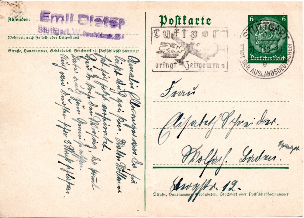 GERMANY, POSTKARTE, STUTTGART, 1940 #26