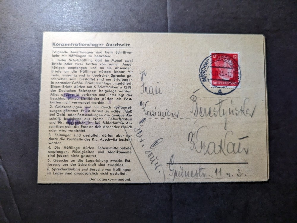 1943 Germany Concentration Camp Folded Letter Cover Auschwitz to Krakau Poland
