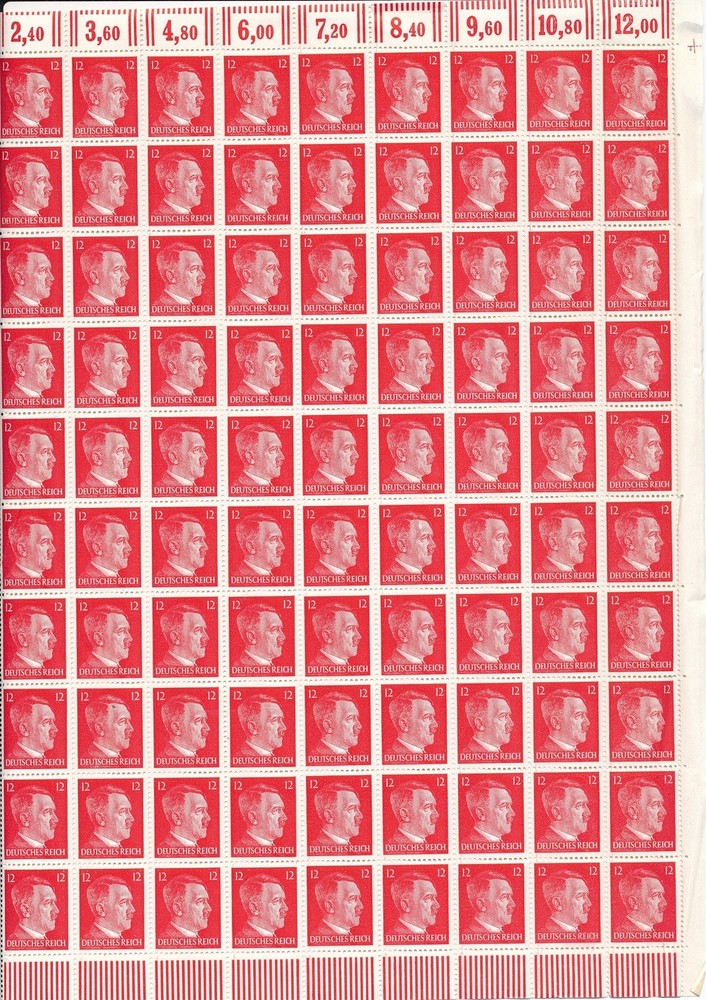 Stamp Germany 12 PF Adolf Hitler Sheet 1941 WWII 3rd Reich German MNH Faults 2