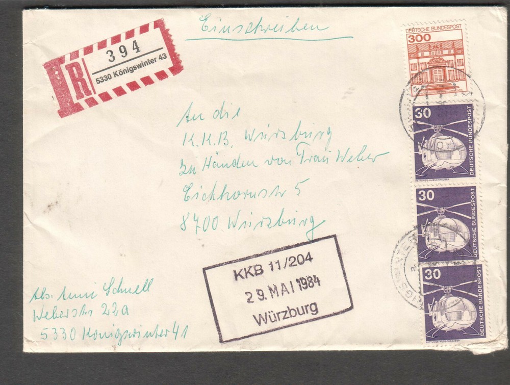 Germany 1984 registered cover Konigswinter to KKB 11/204 Wurzburg