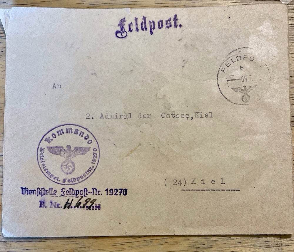 WWII GERMAN FELDPOST COVER ADMIRAL DER OSTSEE , KIEL No 19270 EAGLE CACHET