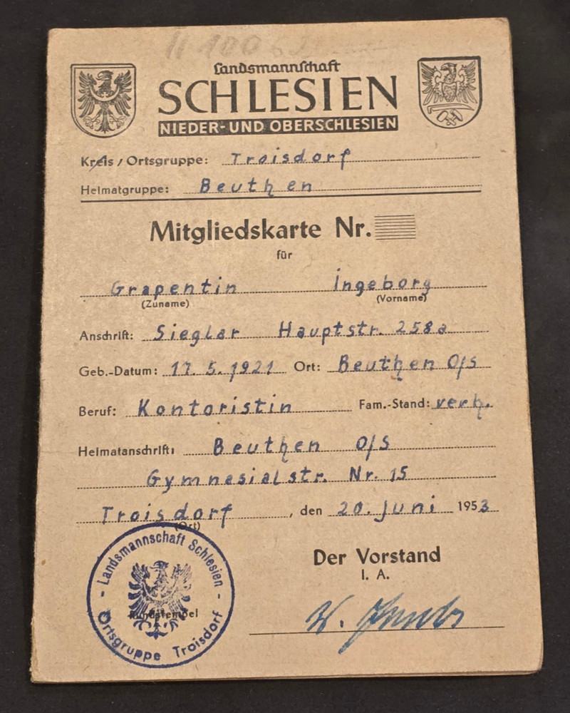 Post WW2 WWII German SCHLESIEN Mitgliedskarte Members stamp Card book 1953