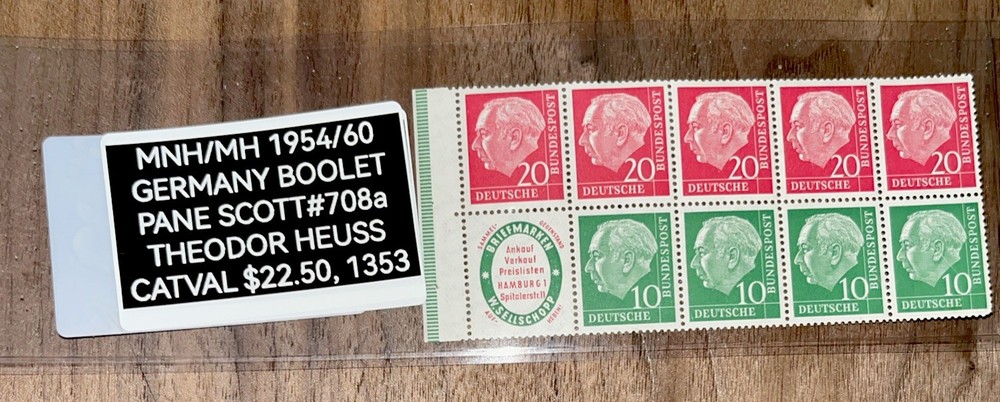 MNH/MH 1954/60 GERMANY BOOLET PANE SCOTT#708a THEODOR HEUSS CATVAL $22.50, 1353