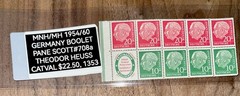 MNH/MH 1954/60 GERMANY BOOLET PANE SCOTT#708a THEODOR HEUSS CATVAL $22.50, 1353