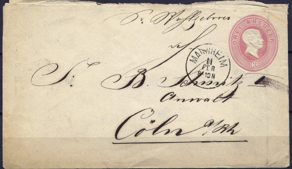 Cover Postal stationery Germany Preussen, 1860. Mannheim to Coeln.