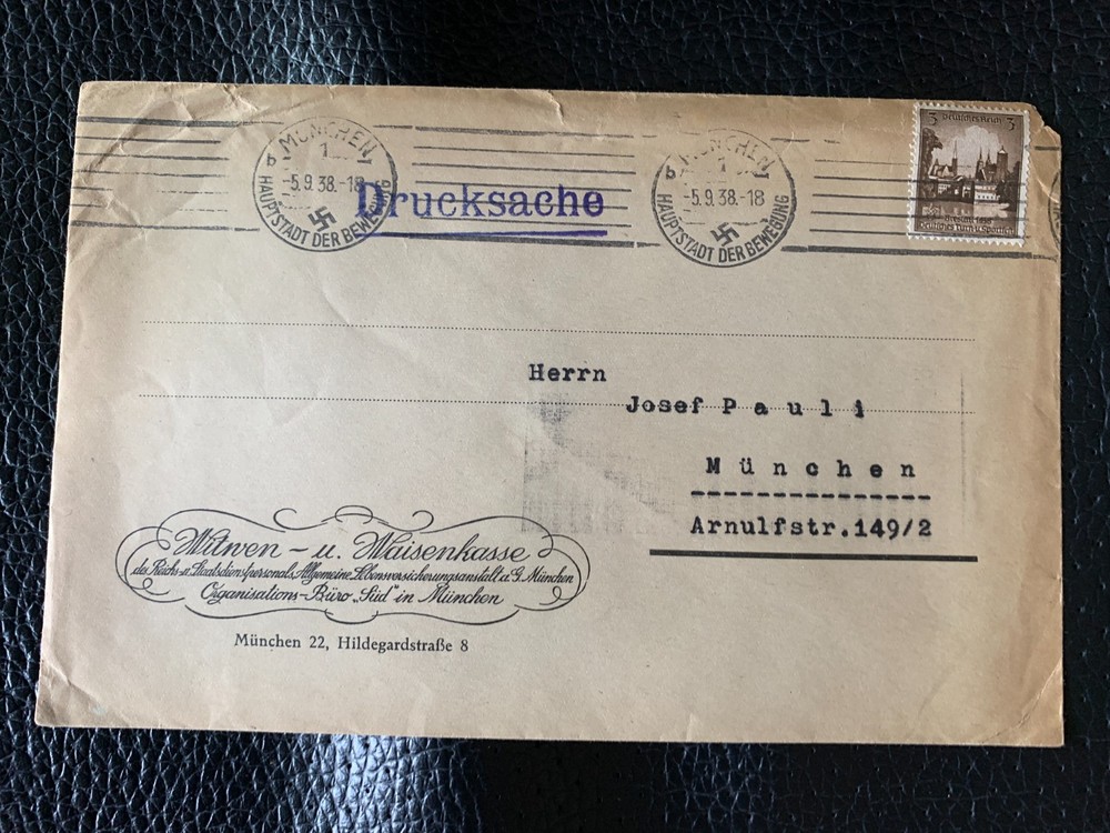 Letter Mi 665 Breslau stamp Munchen 1938 Hauptstadt machine cancel brief