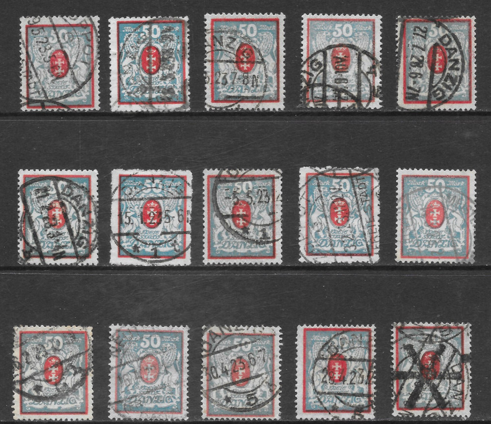 DANZIG SCOTT 106 USED x 15 – 1922 50m PALE BLUE & RED COAT OF ARMS