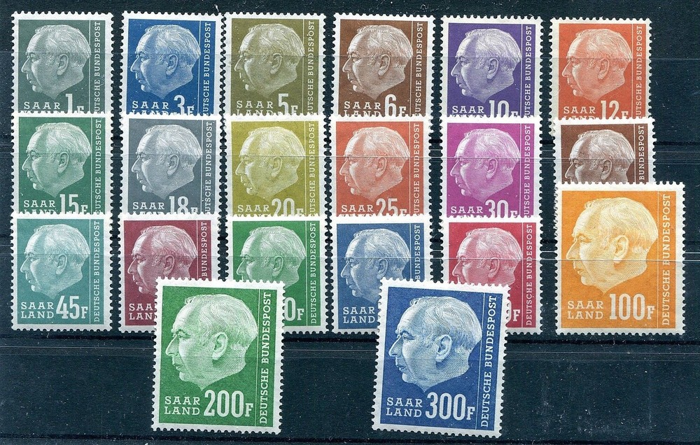 GERMANY SAAR 1957 DEFINITIVE SET HEUSS II SCOTT 289-308 PERFECT MNH