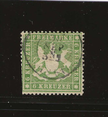 Germany Wurttemberg Scott #21 used 6kr green 1860, perf 13.5, nice cancel f/vf