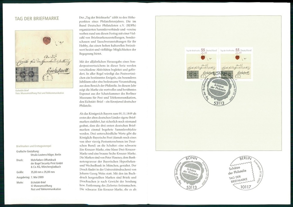 GERMANY FOLDER 2009/19 STAMP DAY BAVARIA No. 1 BLACK EICHSTÄTT-LETTER