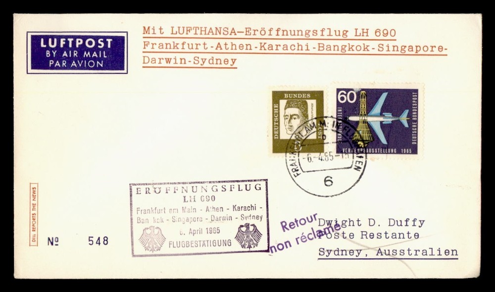 DR WHO 1965 GERMANY FIRST FLIGHT LUFTHANSA FRANKFURT TO AUSTRALIA SYDNEY M65615