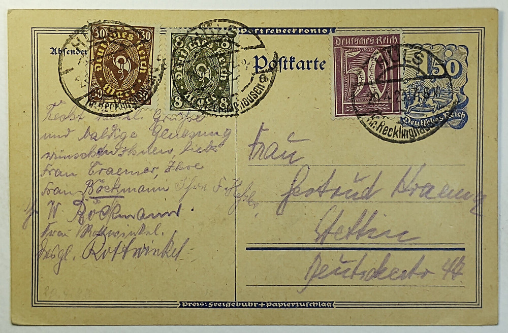1920’s Germany Uprated Postal Stationery Card Hulls Cancel