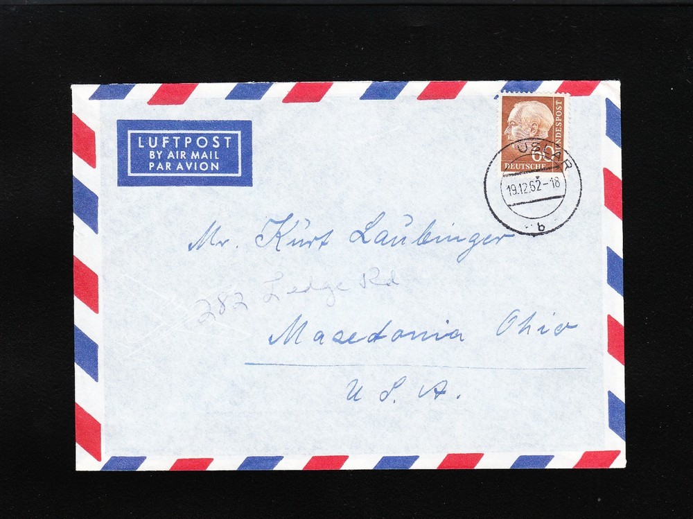 Germany 60p Heuss 1952 Uslar Air Cover to USA 4t