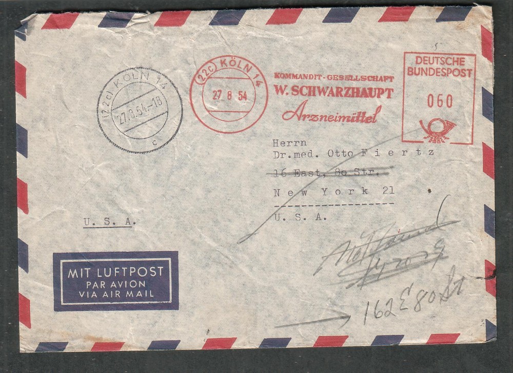Germany 1954 60pf meter cover W Schwarzhaupt Arzneimittel Koln to USA