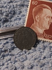 1941 German penny ~ 1 Pfenning ~ km#97 , WW2 Germany ~ + 60 pf. Stamp