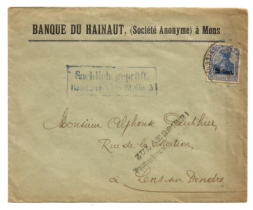 German Occ Belgium 1916 cover MONS Aainaut Prov. S.W. to Belgium