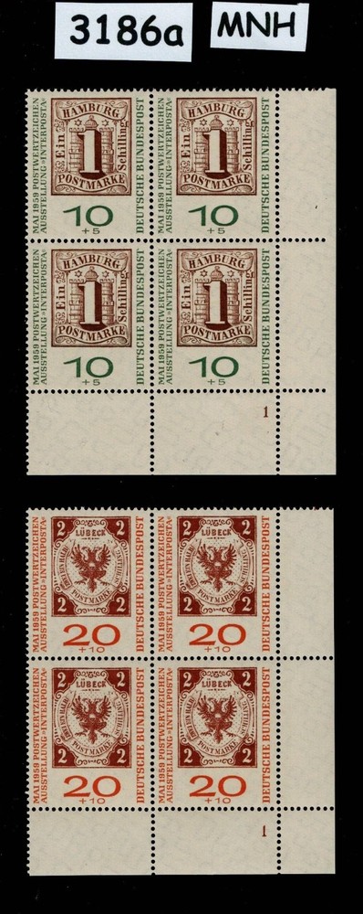 MNH stamp block B366-367 Bundespost 1959 Hamburg & Lubeck Germany #3186a