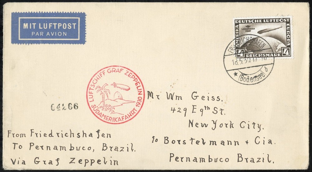 Germany Zeppelin Cover 1930 1st South America Flight 4RM Stamp Pernambuco