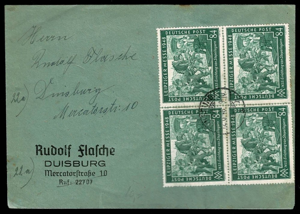 SG36 GERMANY 1948 Self adressed cover with multiple of four 84pf Messe issue