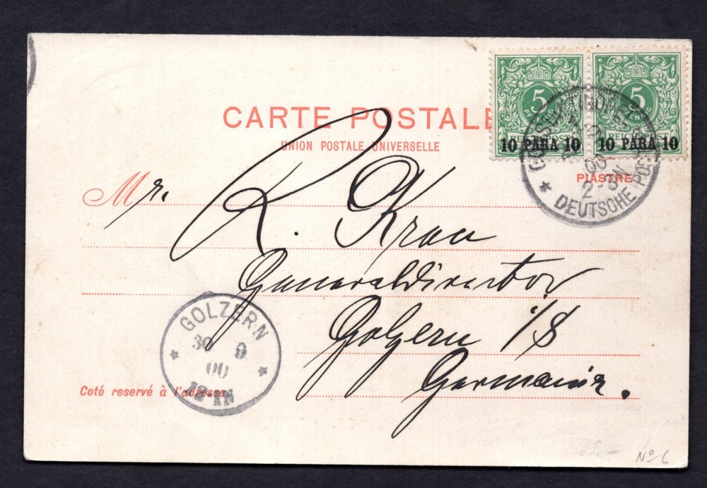GERMANY 1900 TURKEY CONSTANTINOPLE TYING PAIR SC. #8 TO GOLZERN ON POSTCARD VIEW