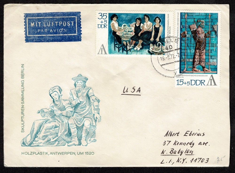 First Day Cover – Germany DDR 19 Sept. 1972 Skulpturen- Sammlung Berlin to USA
