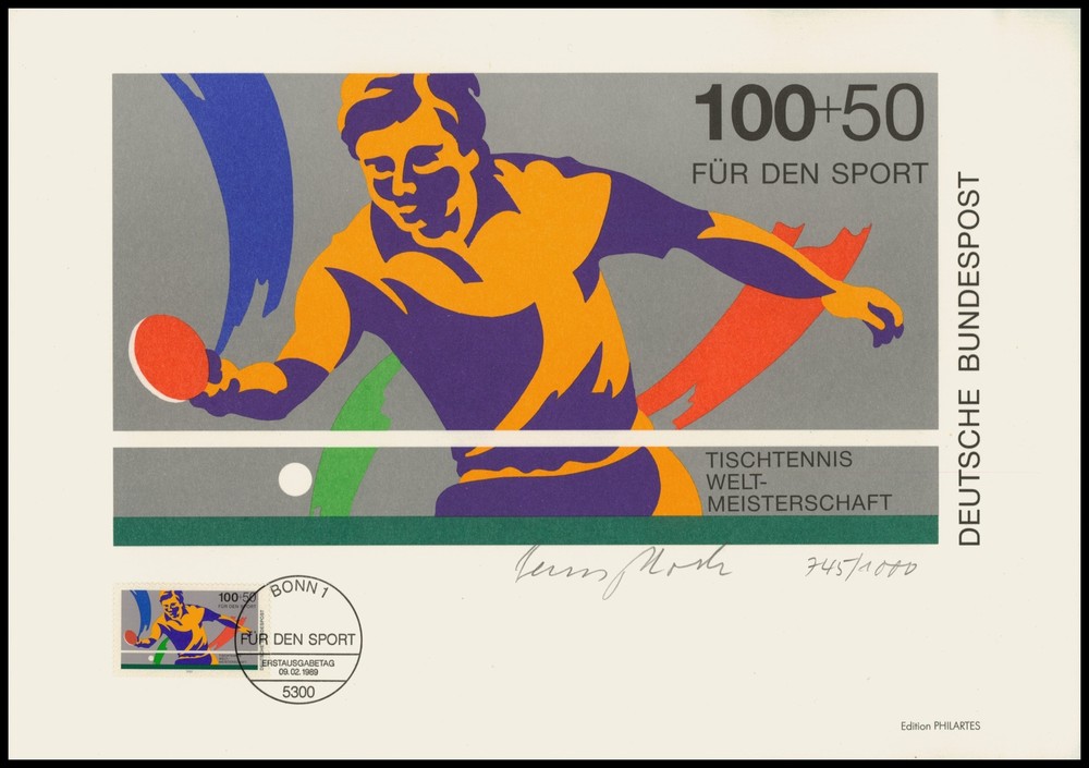 ART-EDITION 1989 GERMANY 1408 SPORT TISCHTENNIS TABLE TENNIS – HAND-SIGNED !!