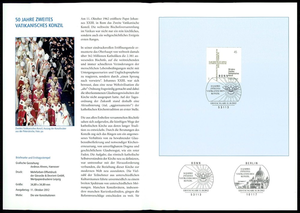 GERMANY FOLDER 2012/42 VATIKAN 2. VATIKANISCHES KONZIL VATICAN TAUBE PIGEON
