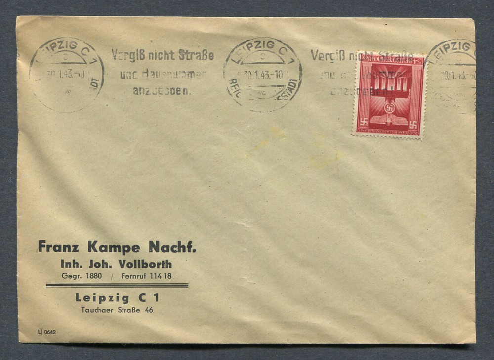 German Reich WW II : Better cover from 1943 – Leipzig C 1 – slogan cancel – used