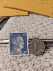 1942 German penny ~ 1 Pfenning ~ km#97 , WW2 Germany ~ + blue Stamp