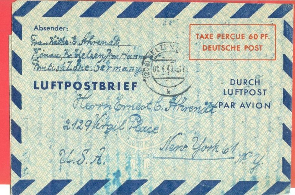 Germany TAXE PERCUE 60 Pf Aerogramme Air Letter to USA 1949