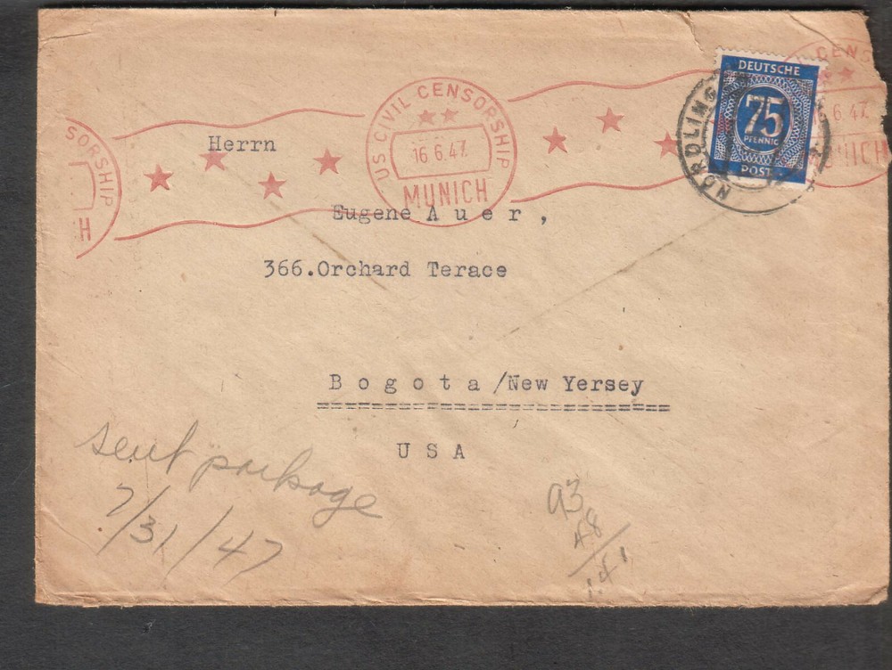 Germany 1947 US Civil Censorship meter cover Dr F Brenner Munich to Bogota NJ
