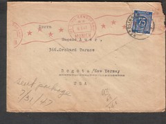 Germany 1947 US Civil Censorship meter cover Dr F Brenner Munich to Bogota NJ