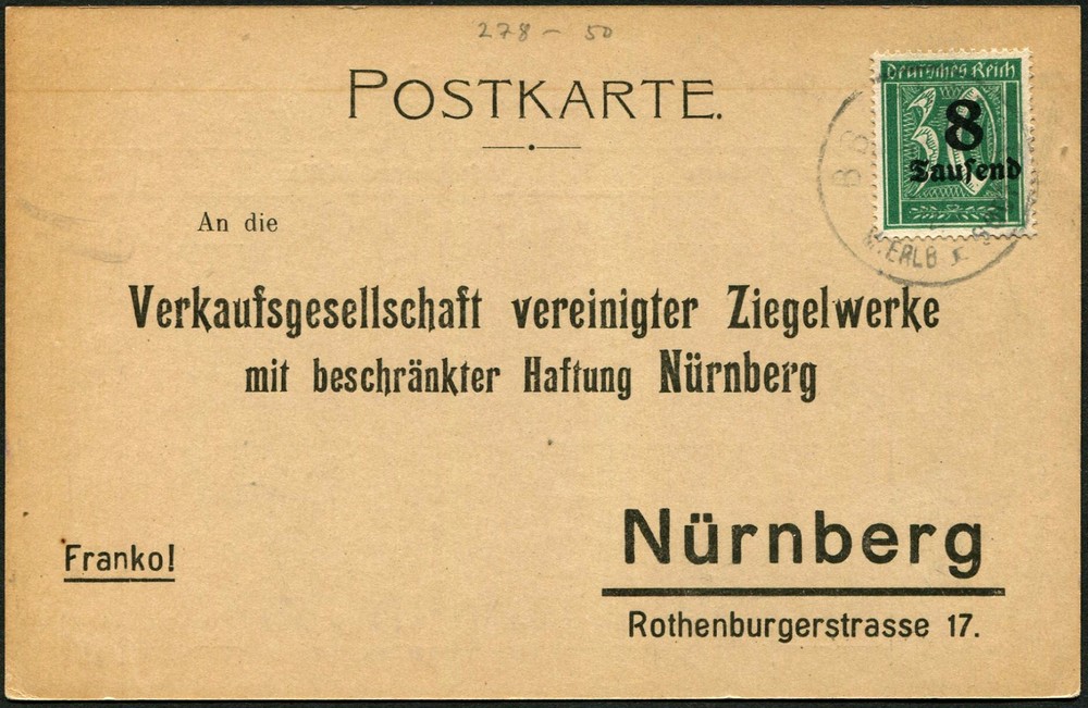 Germany 1923 Hyperinflation Postal Card Markt Erlbach to Nuremberg Mi 278