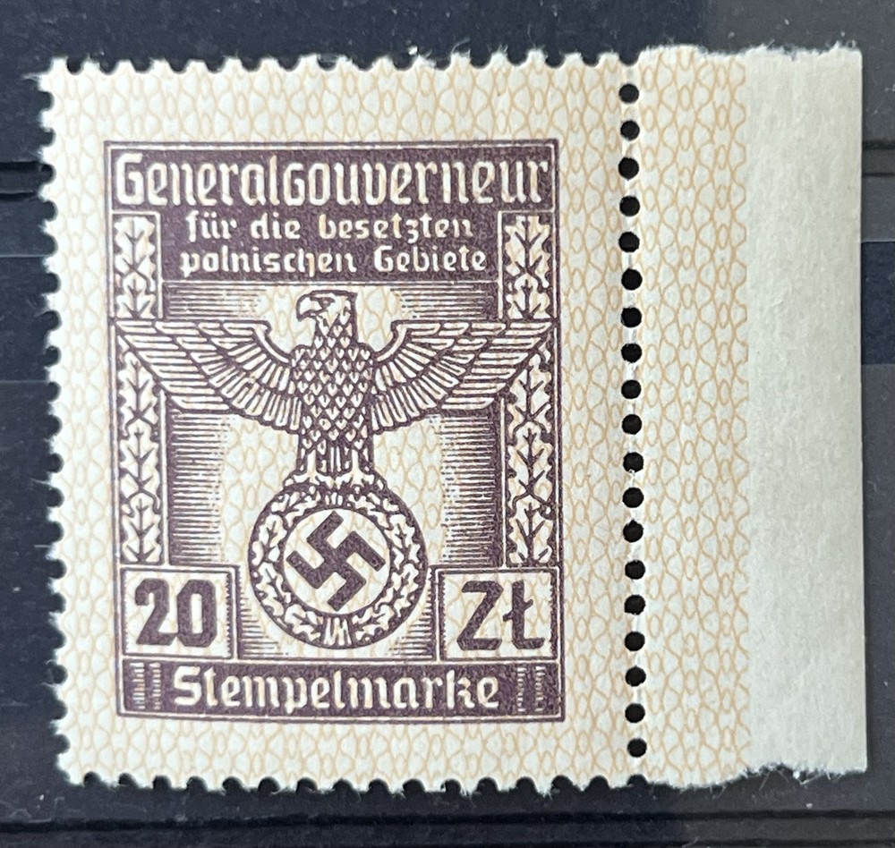 German ww2 Generalgouverment Occupation Document Fee Stamp 20 Zł 1Emisja