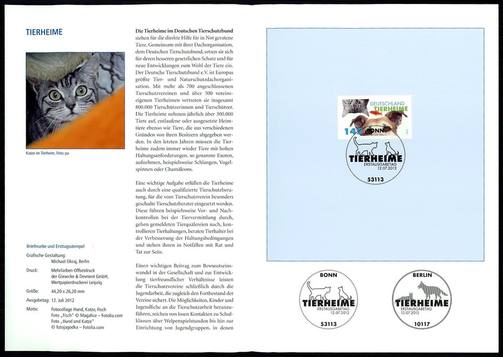 GERMANY FOLDER 2012/31 FAUNA TIERHEIME TIERSCHUTZBUND KATZEN HUNDE KATZE HUND