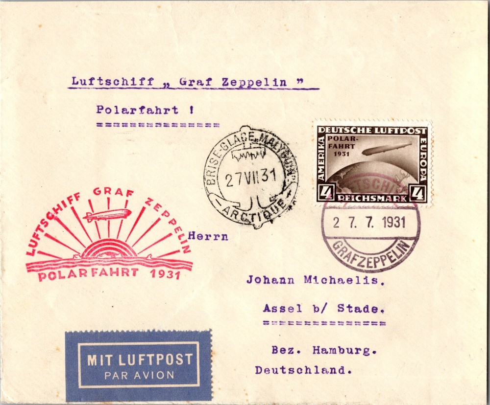 1931 Germany Graf Zeppelin LZ 127 Polar Flight Air Mail Arctic Cover to Hamburg