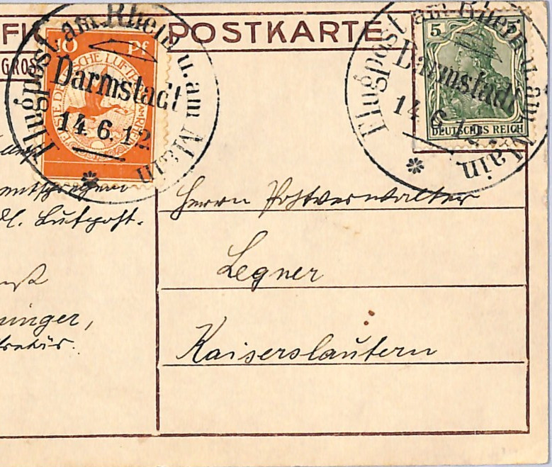 GERMANY Pioneer Air Mail 1912 Card 10pf BIRD Stamp *Darmstadt* 14/6 Flight WD150