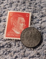 1942 German penny ~ 1 Pfenning ~ km#97 , WW2 Germany ~ + Red 12pf. Stamp