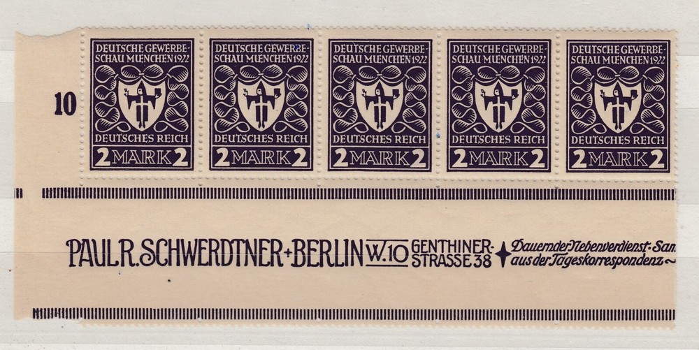 Germany 1922 2 On Munich Dark Violet Inscription Margins Strip Of 5 MNH BP5554