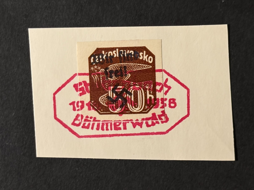 SUDETENLAND WWII-GERMAN OCC.Local ovpt STUBENBACH 50 h. RED stamp, on pap. #726