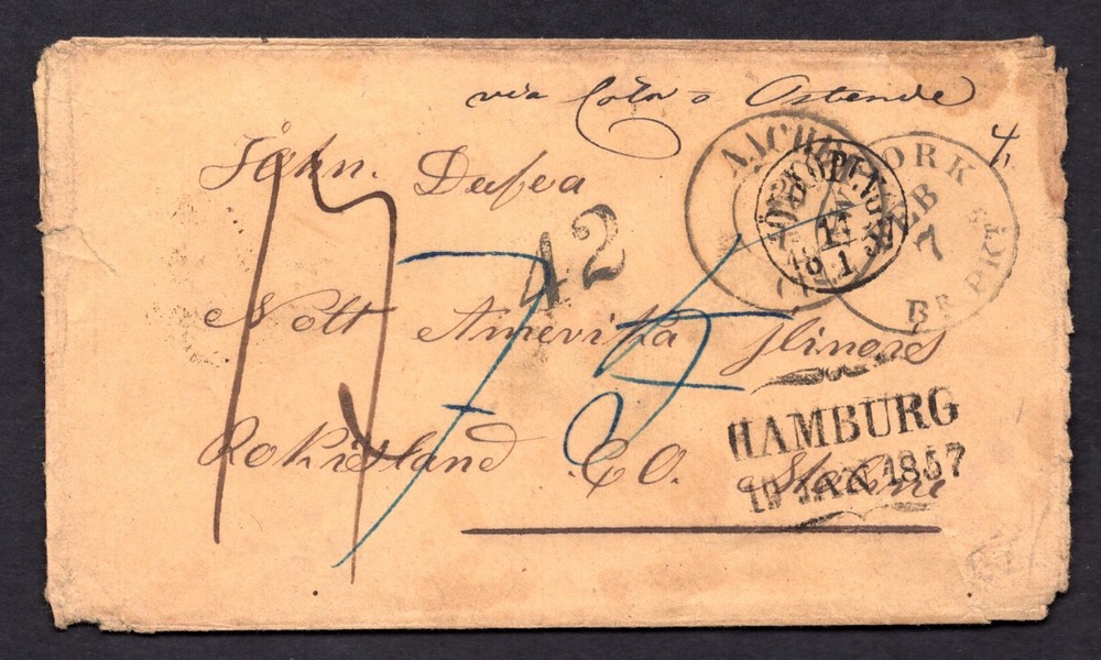 GERMANY US 1857 AACHEN VIA HAMBURG 19. JAN. 1857 STAMPLESS MARKED „42“