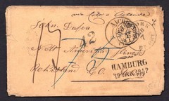 GERMANY US 1857 AACHEN VIA HAMBURG 19. JAN. 1857 STAMPLESS MARKED „42“