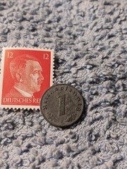 1942 German penny ~ 1 Pfenning ~ km#97 , WW2 Germany ~ + Red 12pf. Stamp