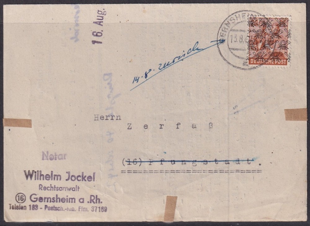 F-EX56513 GERMANY OCCUPATION BIZONE 1948 OVERPRINT TIPE I. 24pf CARD GEMSHEIM.