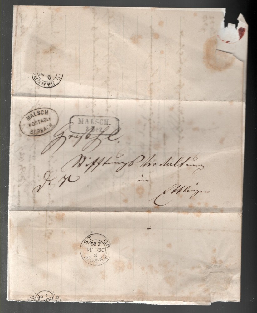 1864 Germany ~ Stampless Cover. Ettlingen via Malsch. Letter on inside.