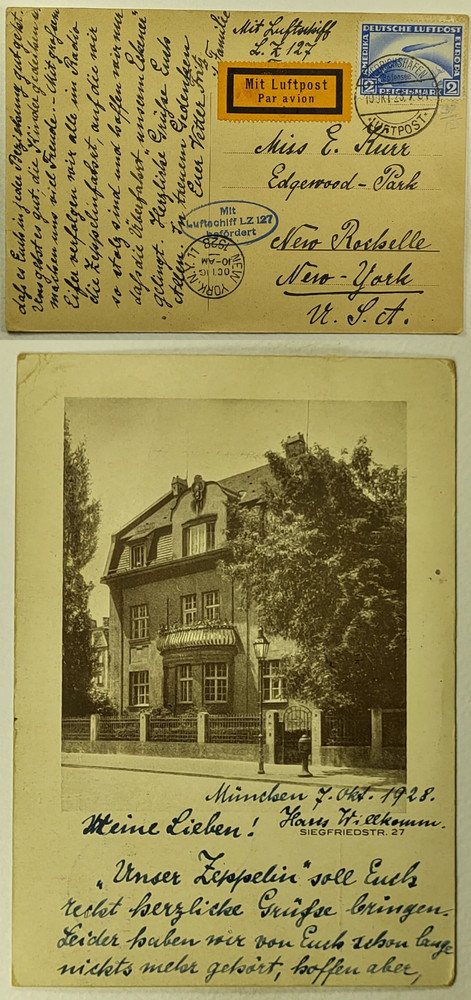 1928 Germany LZ 127 Zeppelin Airmail Postcard Friedrichshafen to New York City