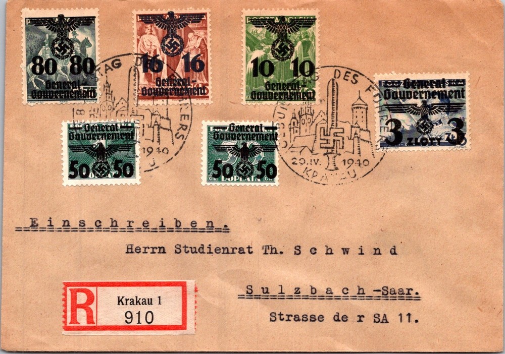 GERMANY 1940 WW2 POLAND OCCUP REG COVER MULT FRANK ADDR SULZBACH POSTMARK KRAKAU